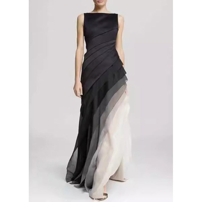 French Black High Waist Patchwork Tulle Maxi Dresses Summer