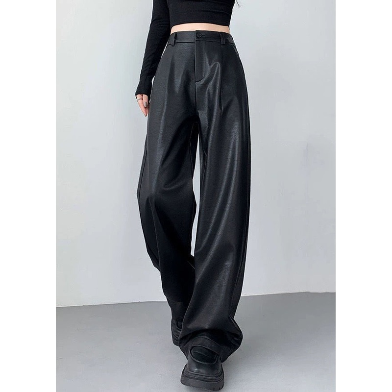 French Black Pockets Elastic Waist Faux Leather Pants Winter