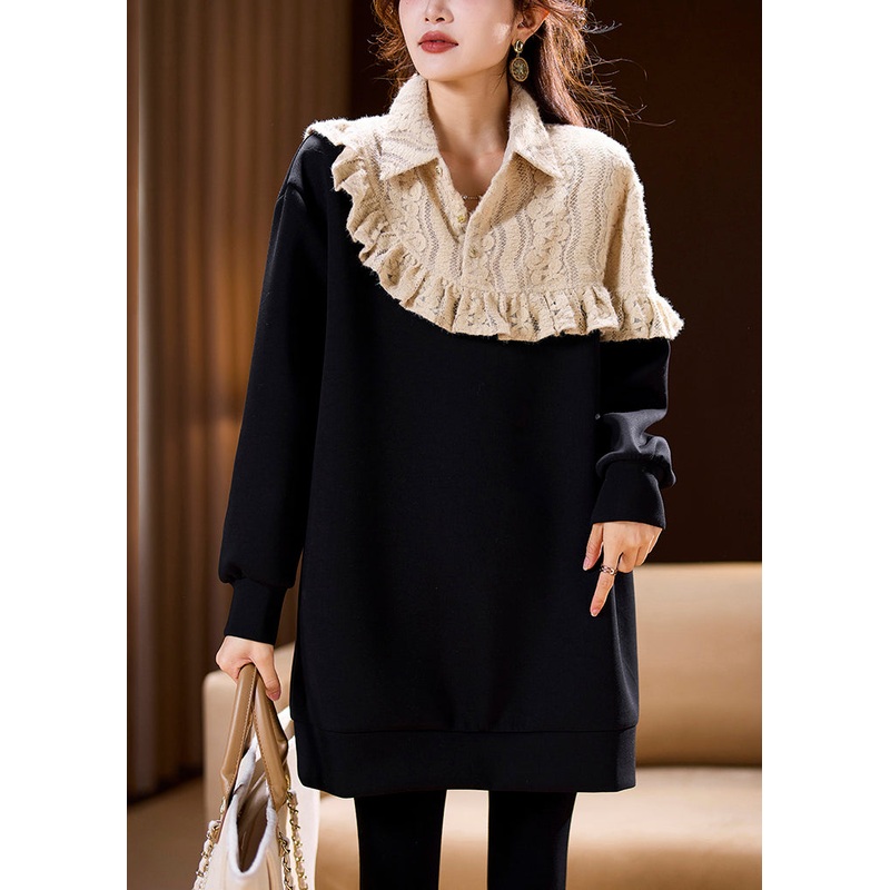 French Black Ruffled Patchwork Cotton Sweatshirts Spring