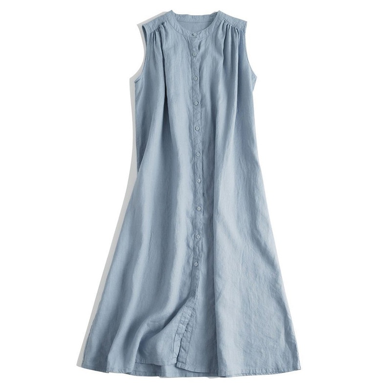 French Blue O Neck Button Linen Dresses Sleeveless