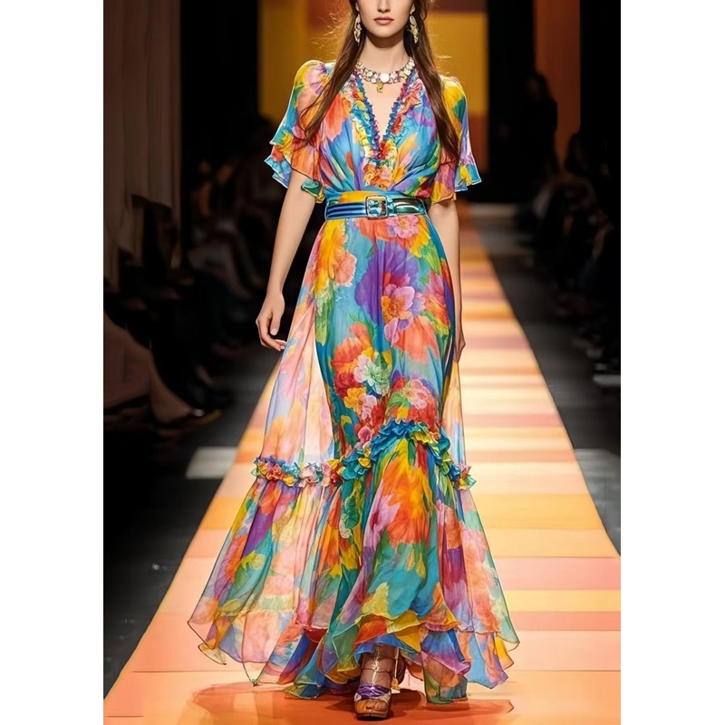 French Cinched Ruffled Print Chiffon Vestidos Dress Summer