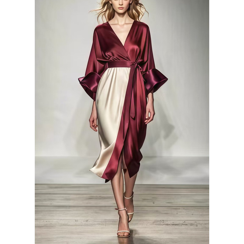 French Mulberry Cinched Patchwork Silk Maxi Dresses Spring