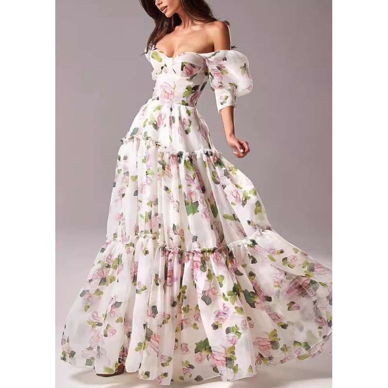 French Pink Ruffled Print Chiffon Long Dresses Summer