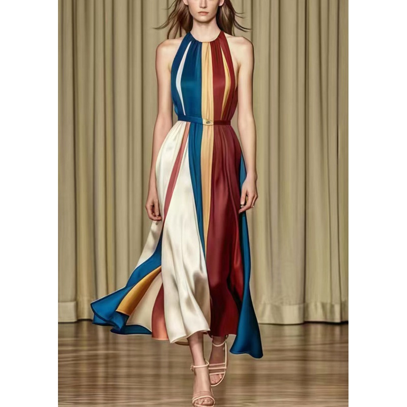 French Rainbow Cold Shoulder Patchwork Silk Vestidos Dresses Summer