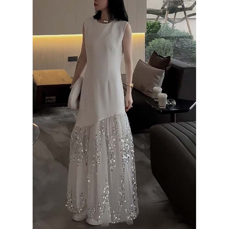 French White O Neck Sequins Tulle Patchwork Dresses Sleeveless