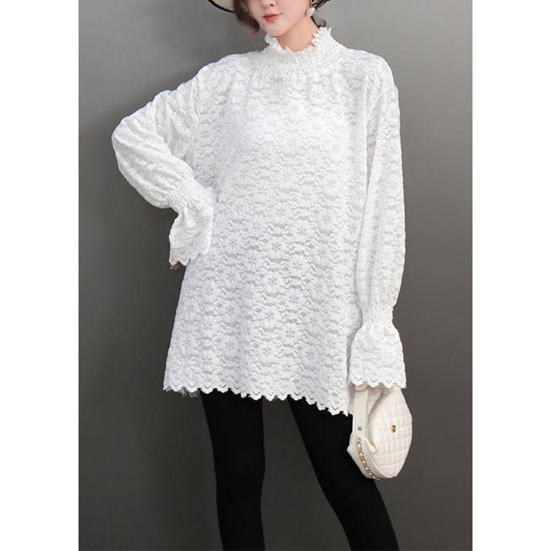 French White Turtleneck Lace Tops Spring