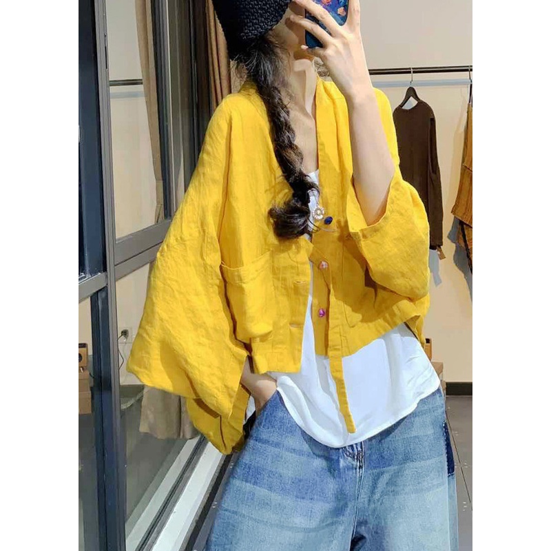 French Yellow Button Pockets Linen Coats Batwing Sleeve