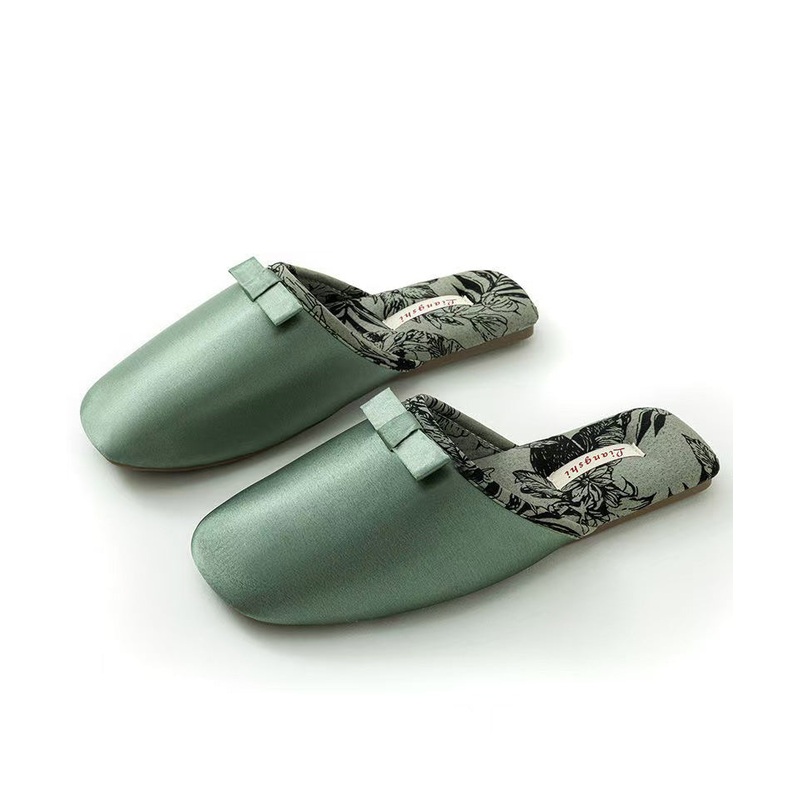 Green Comfortable Satin Slippers Shoes Splicing Bow
