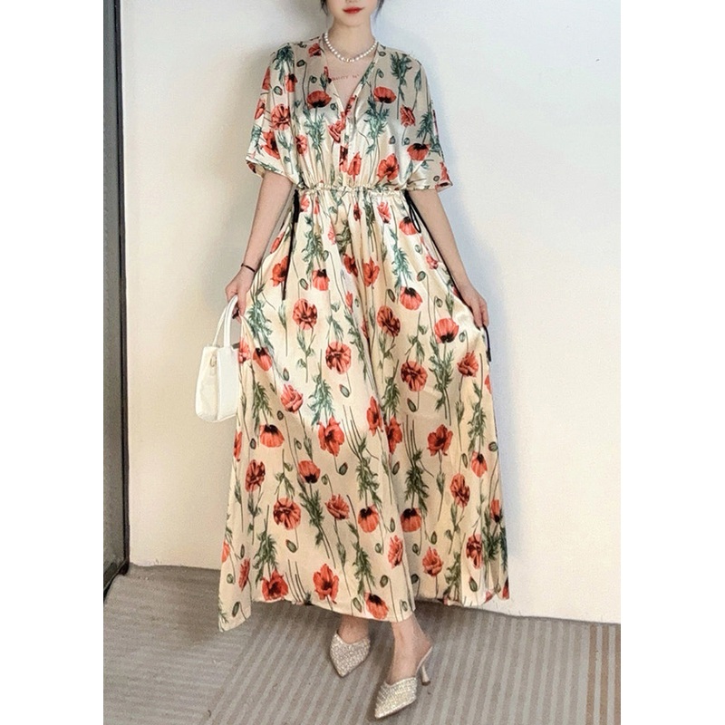Handmade Apricot V Neck Print Cinched Holiday Long Dress Summer