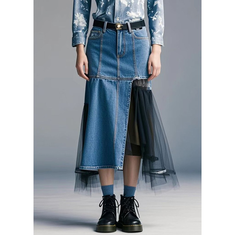Handmade Blue Asymmetrical Patchwork Tulle Denim Wraped Skirt Spring