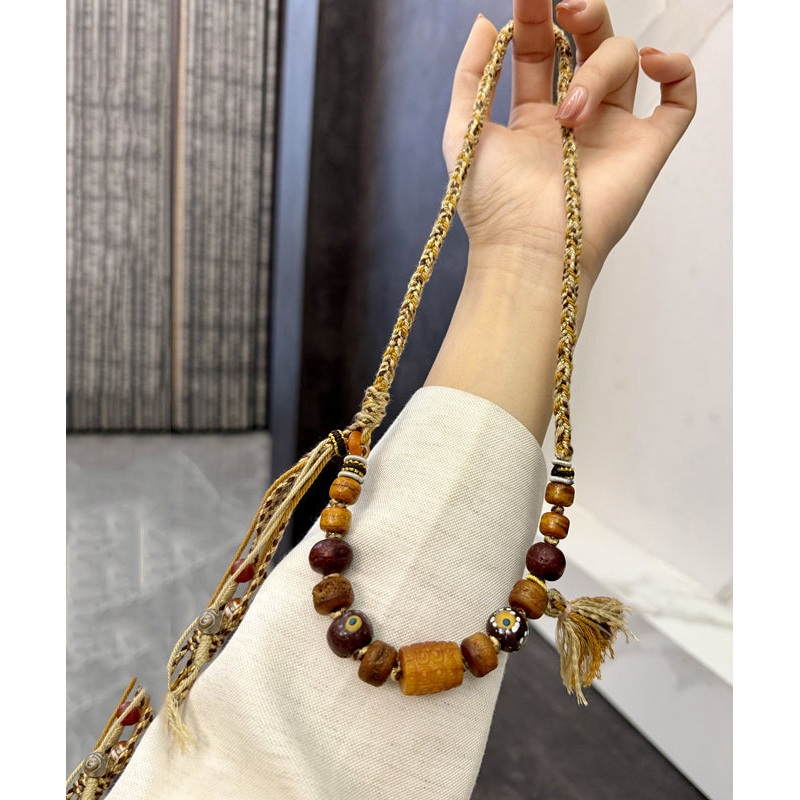 Handmade Brown Hand Woven Old Coloured Glaze Tassel Gratuated Bead Necklace
