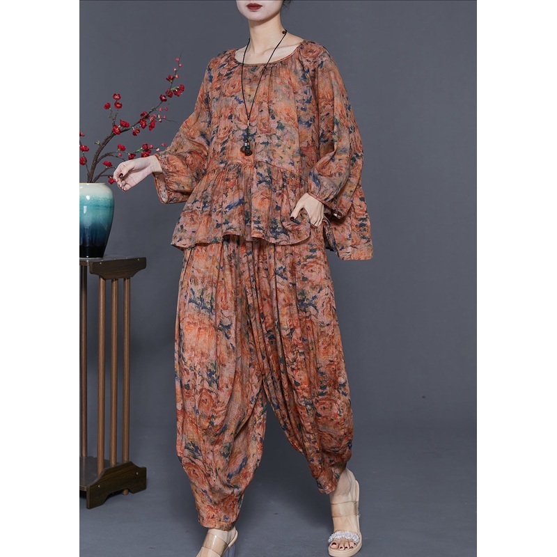 Handmade Coffee Oversized Print Linen Two-Piece Set Spring