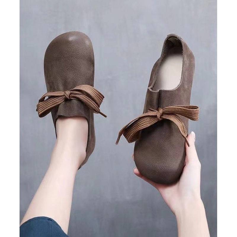 Handmade Retro Coffee Cowhide Leather Flats Shoes