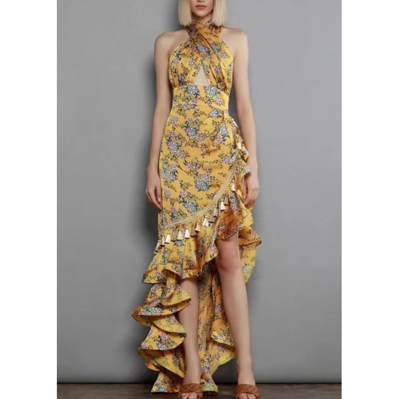 Irregular European and American Ruffled Edge Print Hanging Neck Backless Dress