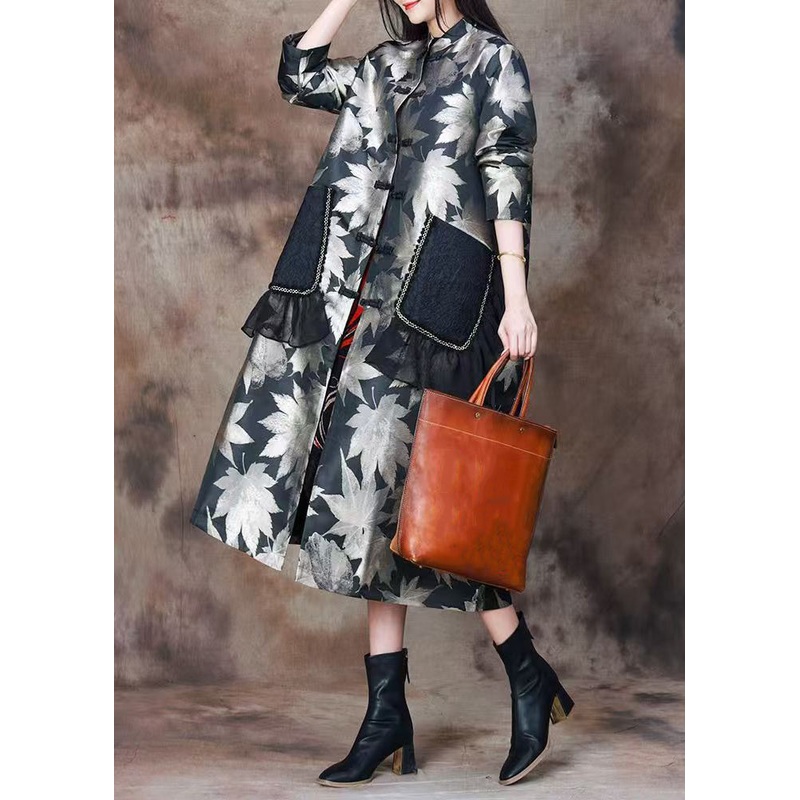 Italian Black Print Pockets Patchwork Silk Cotton Long Coats Fall