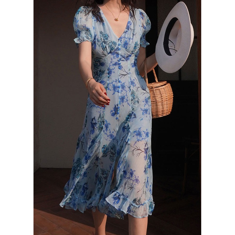 Italian Blue V Neck Ruffled Print Chiffon Long Dresses Summer