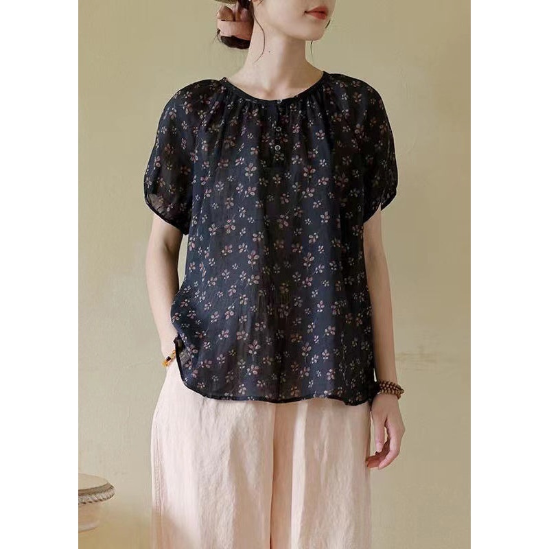 Italian Navy O-Neck Button Print Linen T Shirt Summer