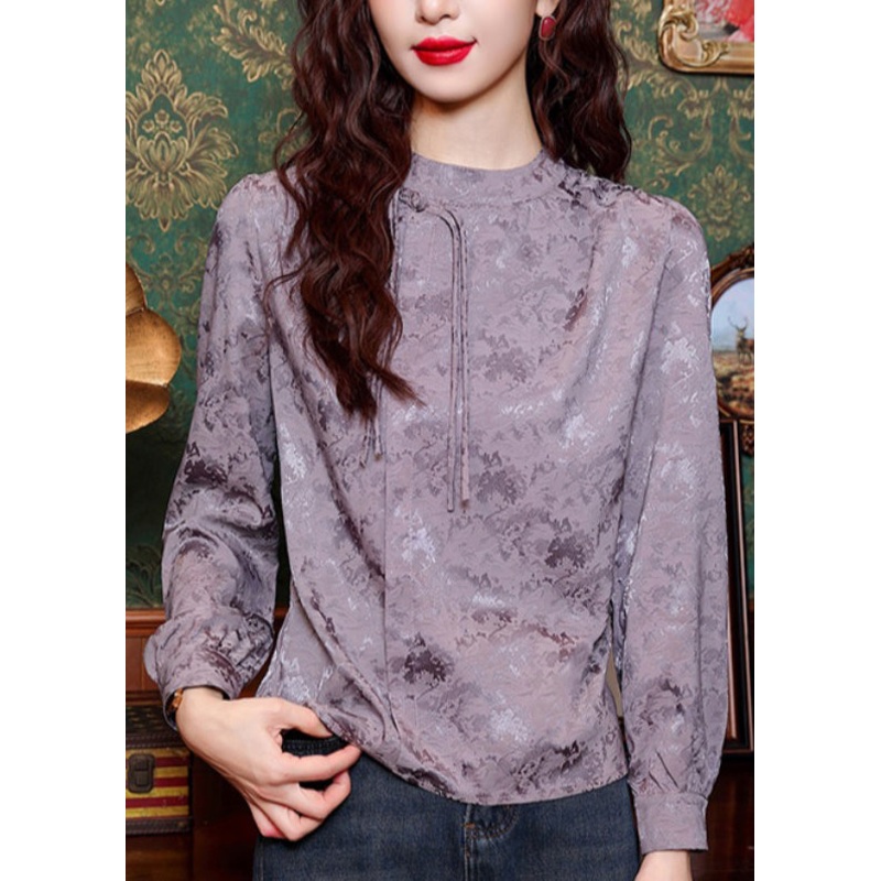 Jacquard Purple Turtleneck Tassel Silk Top Spring