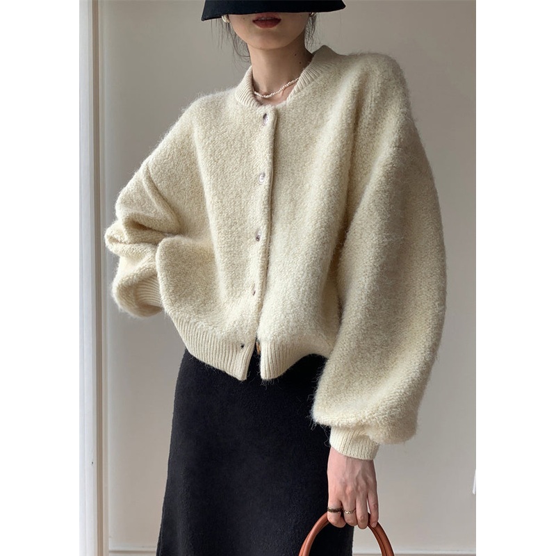 Loose Beige Button Solid Thick Wool Knit Coats Winter