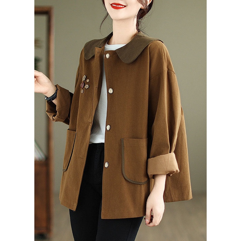 Loose Caramel Pockets Patchwork Coats Fall