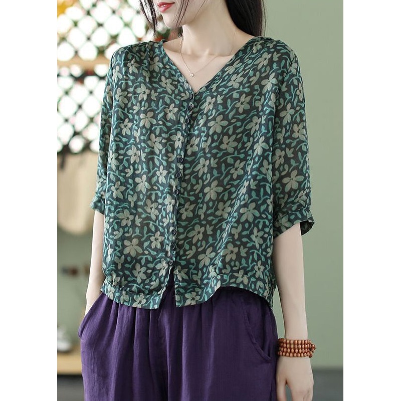 Loose Green Button Print Cotton Blouse Half Sleeve