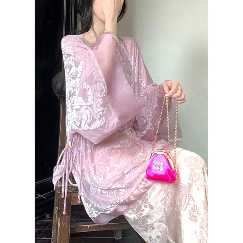 Loose Pink Button Lace Up Silk Velour Shirts Fall