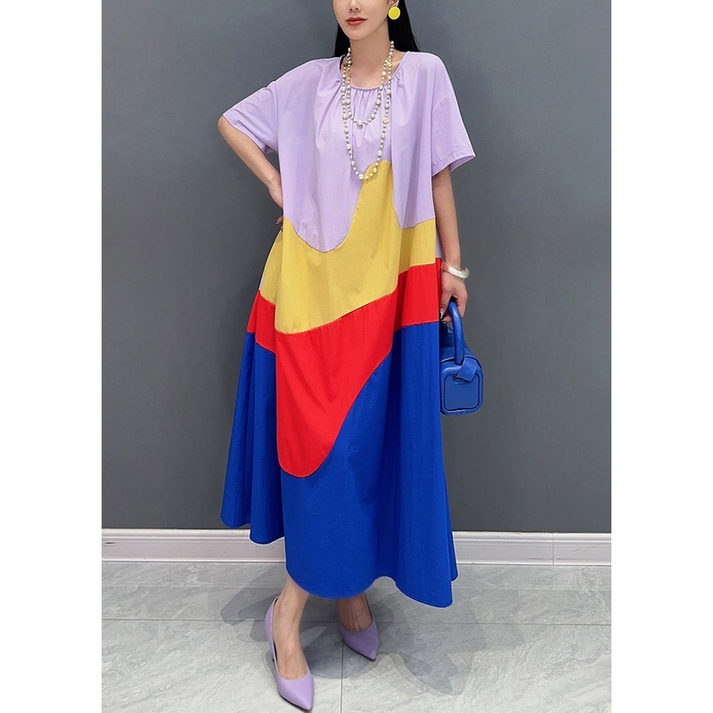 Loose Purple O Neck Patchwork Cotton Long Dress Summer