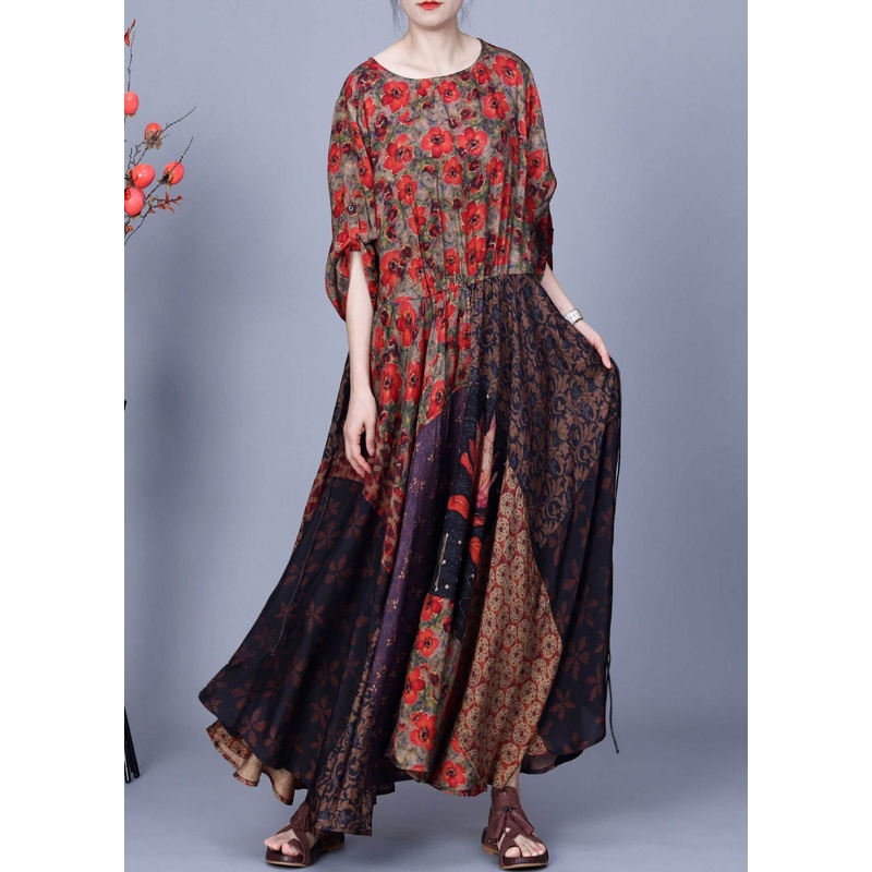 Loose Red Asymmetrical Tie Waist Patchwork Silk Dress Bracelet Sleeve