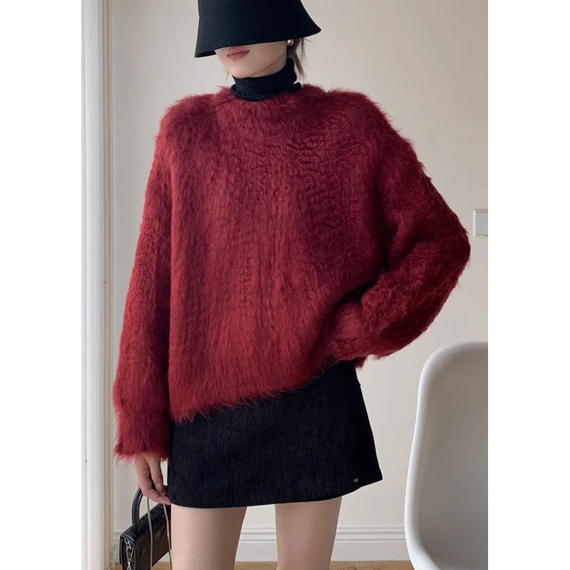Loose Red Fluffy Solid Knit Sweater Winter