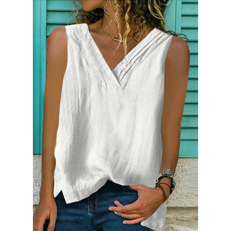 Loose White V Neck Solid Cotton Top Sleeveless