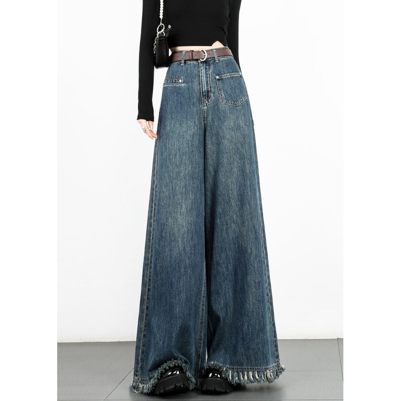 Modern Blue Tasseled High Waist Denim Wide Leg Pants Fall