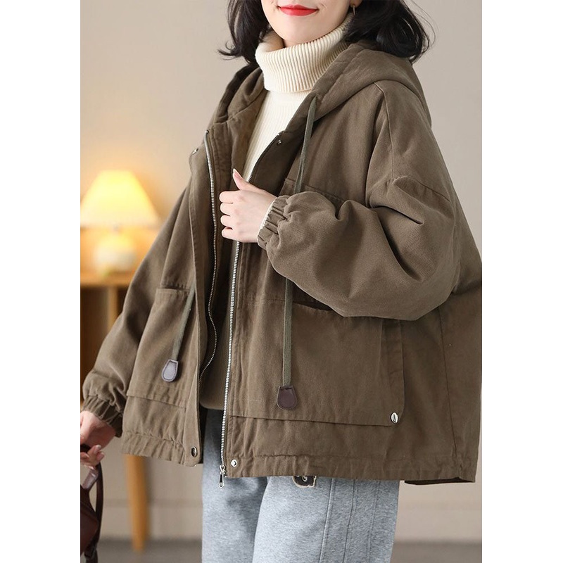 Modern Coffee Hooded Oversized Drawstring Warm Fleece Jackets Spring