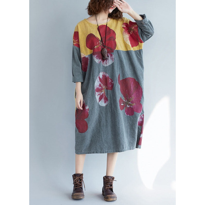 Modern Colorblock O-Neck Oversized Patchwork Print Cotton Long Dress Spring