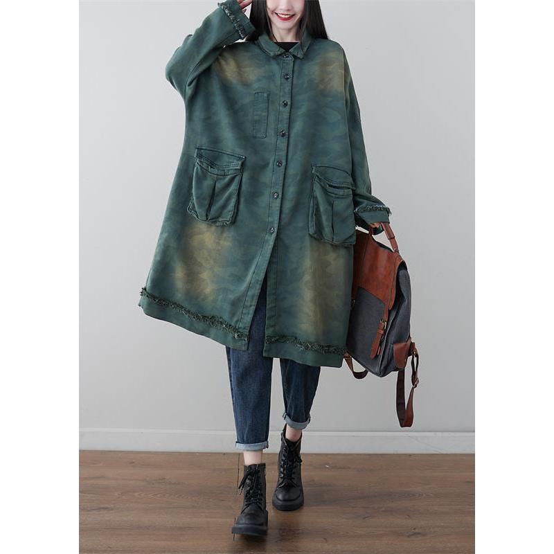 Modern Green Peter Pan Collar Patchwork Camouflage Print Cotton Coat Spring