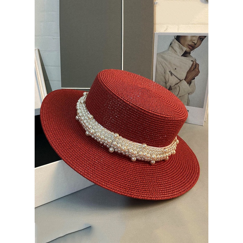 Modern Red Pearl Straw Woven Cloche Hat