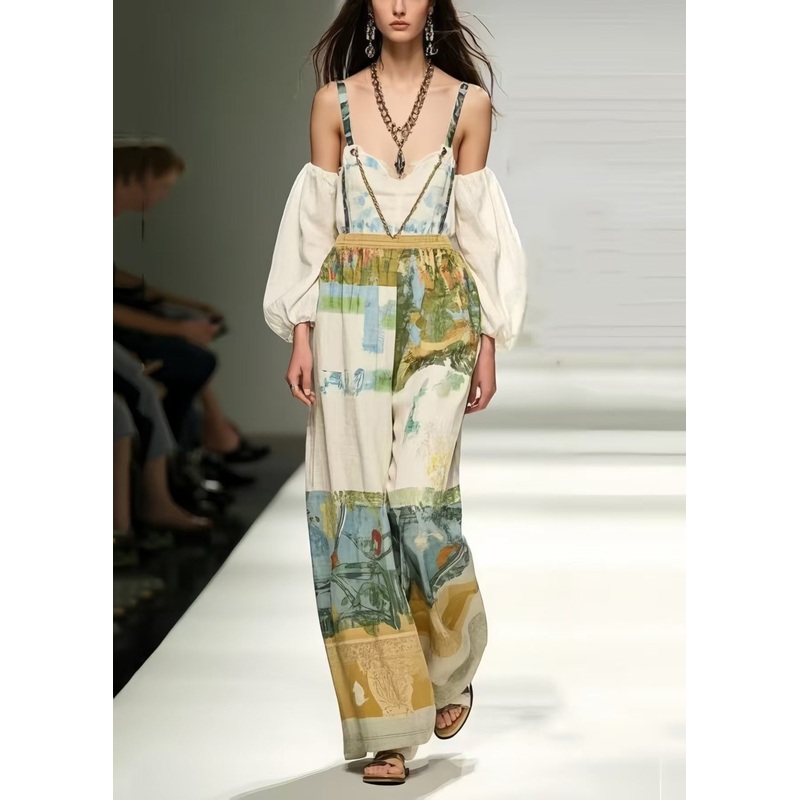 Modern White Backless Print Cotton Overalls Jumpsuit Summer