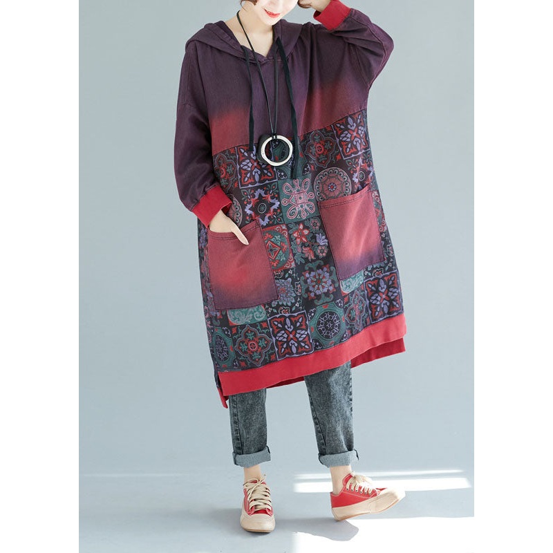 Mulberry Print Pockets Cotton Long Dress Hooded Spring