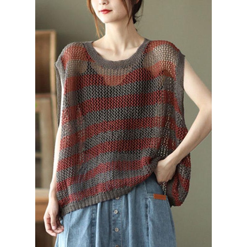 Mulberry Striped Hollow Out Summer Linen Tank Sleeveless