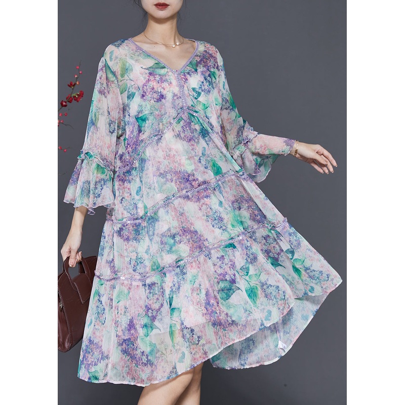 Natural Light Purple V Neck Print Chiffon Dresses Summer