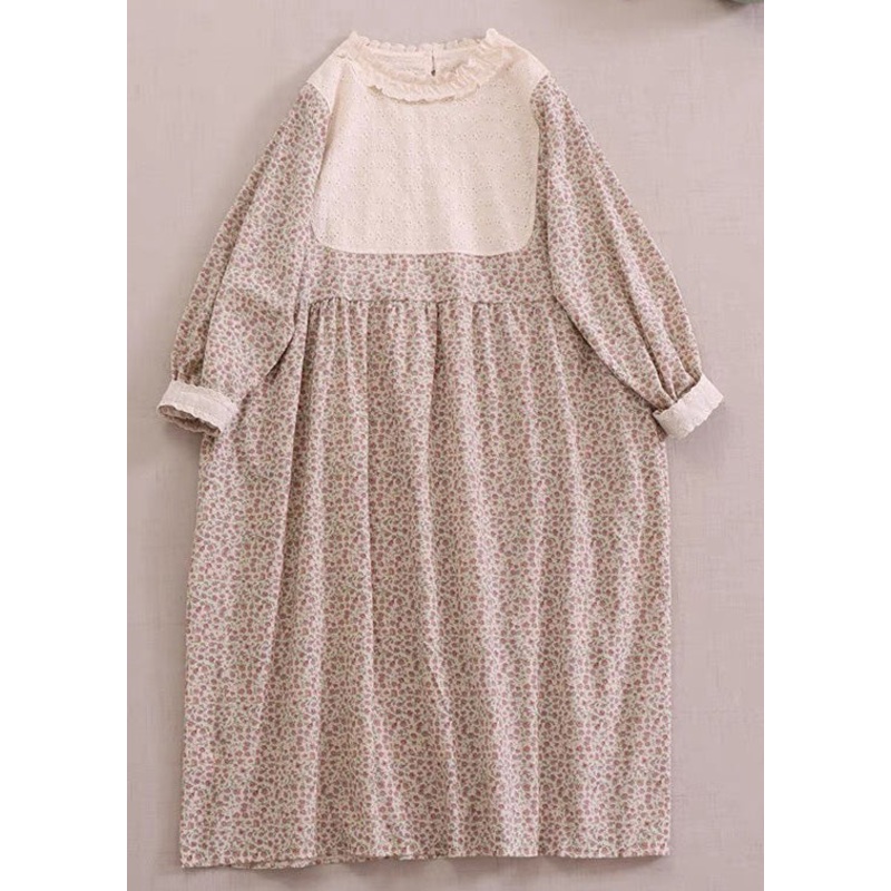 New Apricot Ruffled Print Hollow Out Cotton Long Dress Spring
