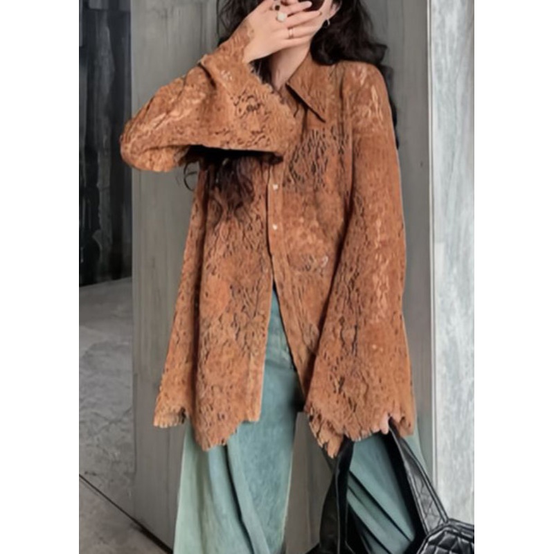 New Coffee Hollow Out Button Lace Blouses Flare Sleeve
