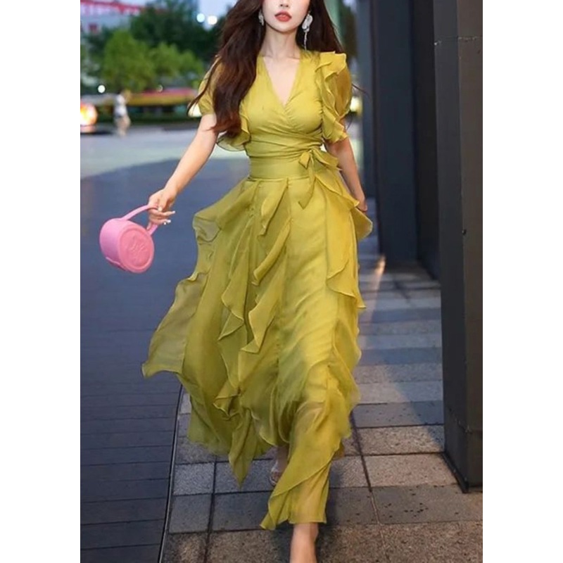 New Green V Neck Ruffled Chiffon Long Dresses Summer