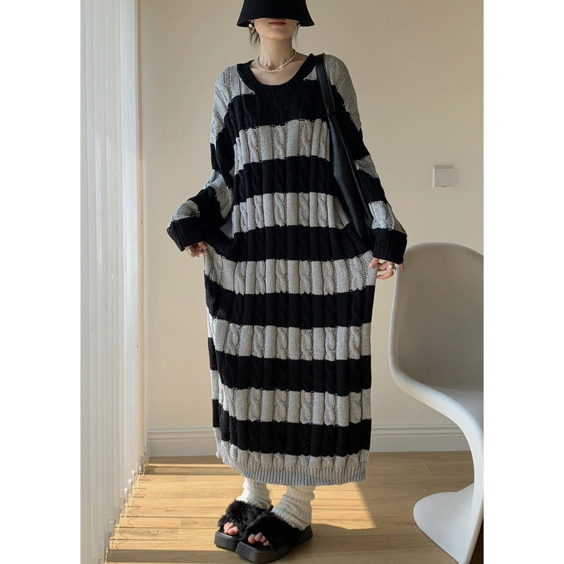 New Grey Striped O Neck Cotton Knit Knitwear Dress Winter