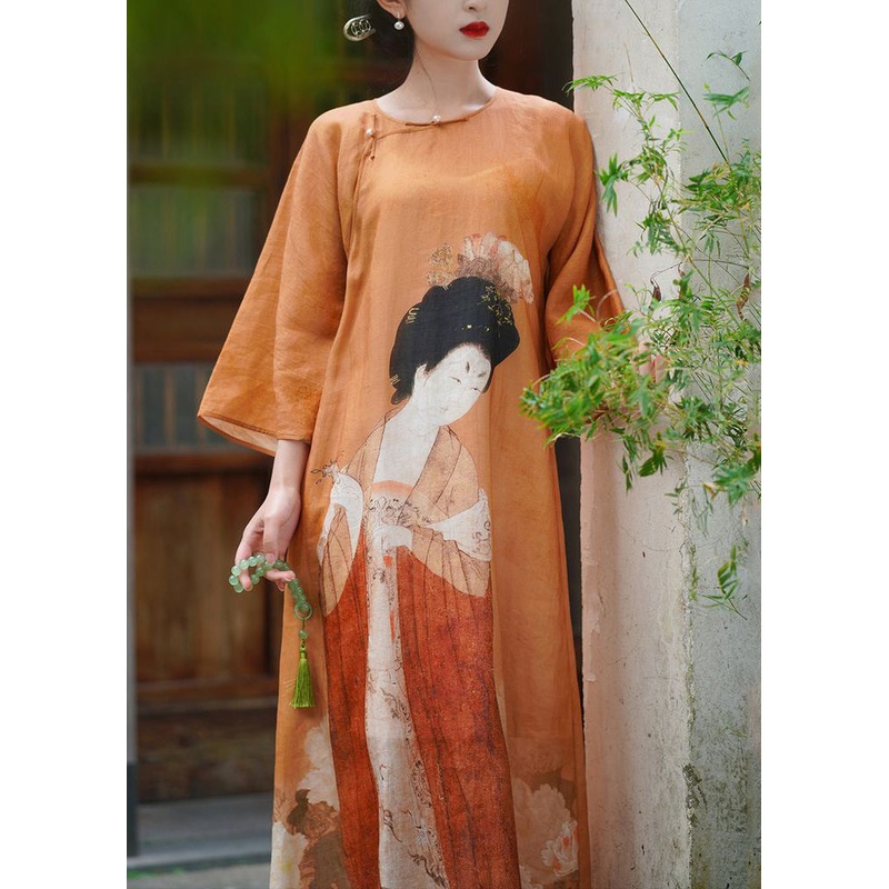 New Orange Button Print Cotton Maxi Dresses Bracelet Sleeve