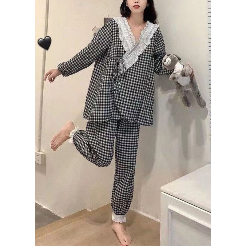 New Plaid V Neck Lace Up Cotton Pajamas Two Pieces Set Spring
