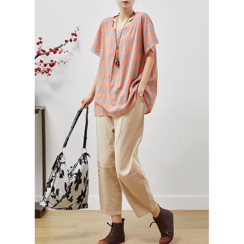 Orange Plaid Fine Linen Two Pieces Set O-Neck Oversized Summer