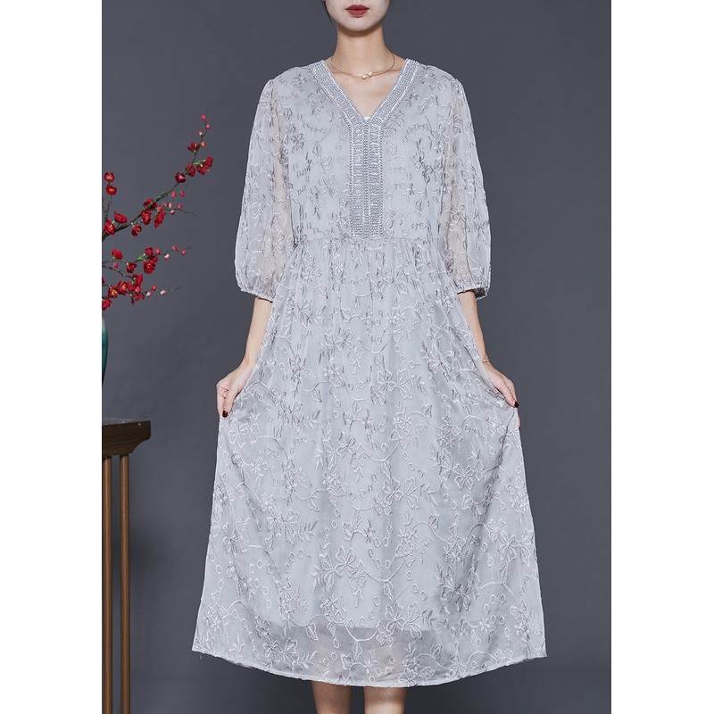 Organic Grey Embroidered Silk Long Dress Summer
