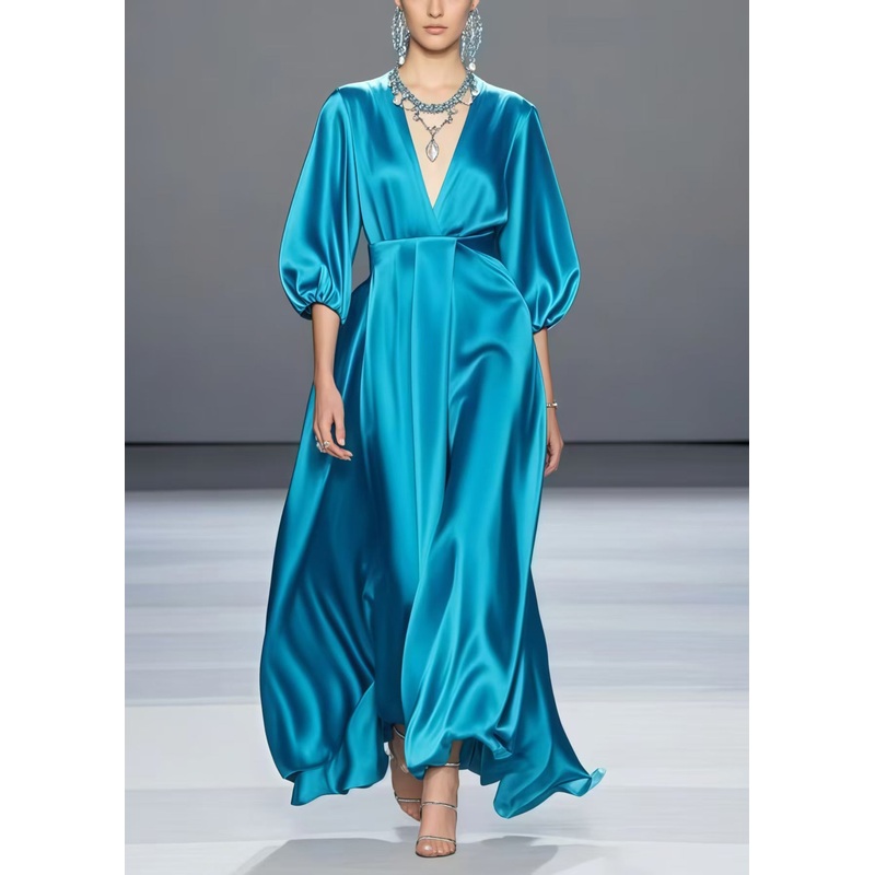 Organic Peacock Blue V Neck Draping Silk Long Dress Summer
