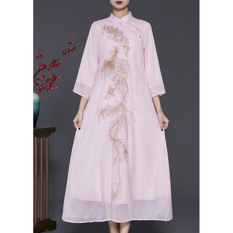 Organic Pink Embroidered Chiffon A Line Dress Bracelet Sleeve