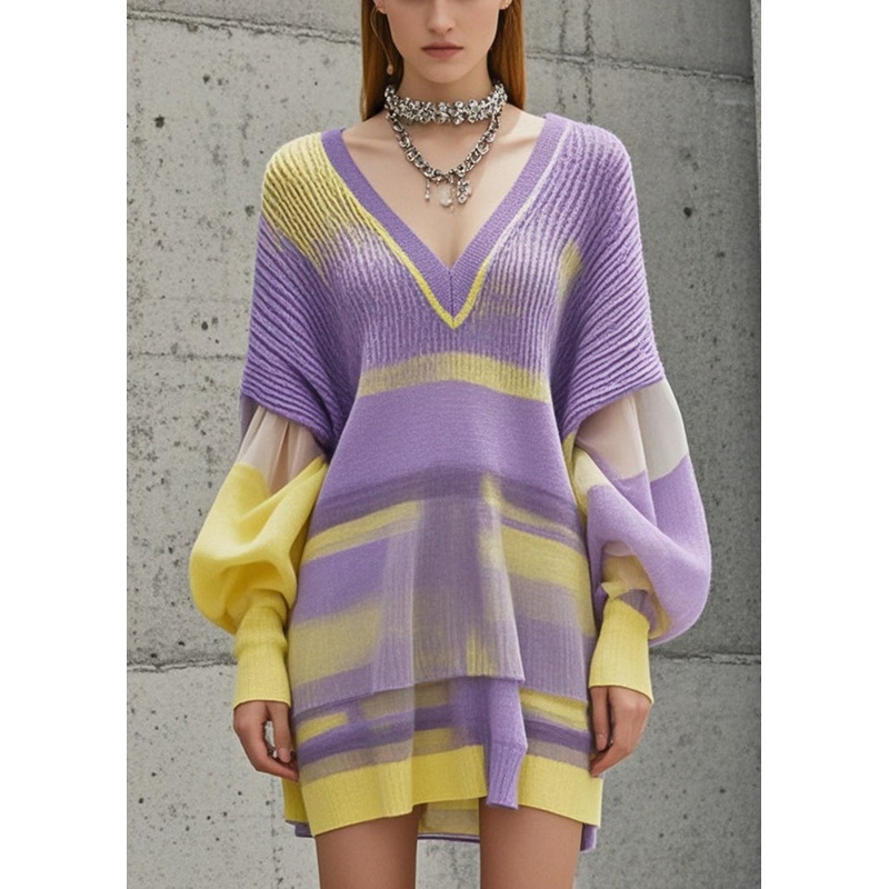 Organic Purple Tie Dye Patchwork Knitwear Dress Lantern Sleeve